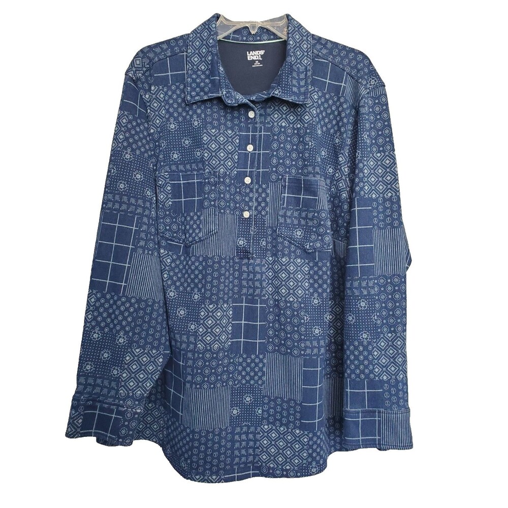 Lands' End Women's Blue Patchwork Long Sleeve Knit Polo Shirt Size 2X (20W-22W)